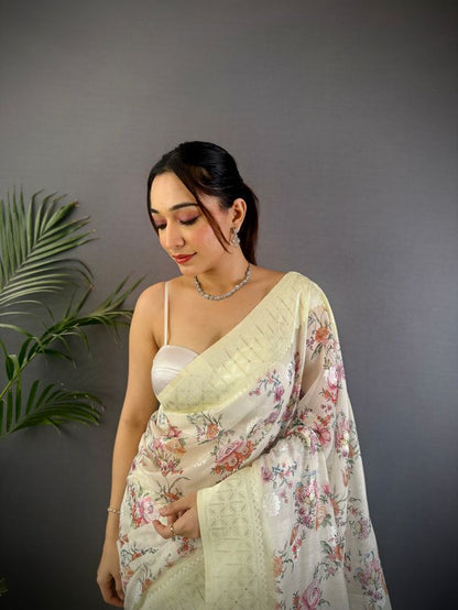 Elora Grey Silk Floral Motifs Coppery Tone Contrast Floral Border Banarasi Saree