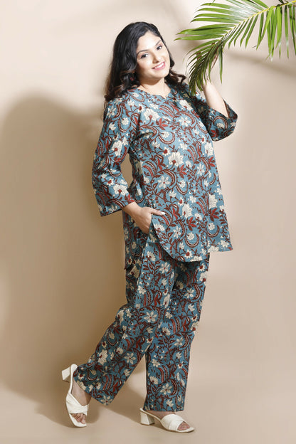 Breathables Blue Kalamkari Kurta & Pant Cotton Co-Ord Set
