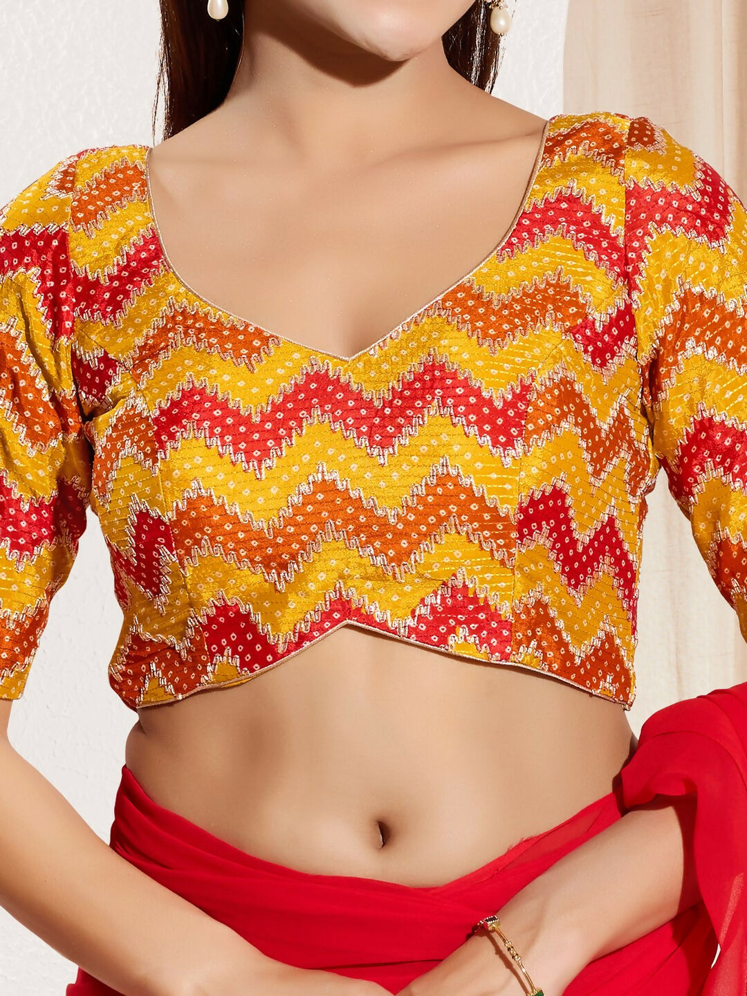 Joban Fashion Yellow Chiffon Padded Blouse With Square Neck Elbow Sleeves