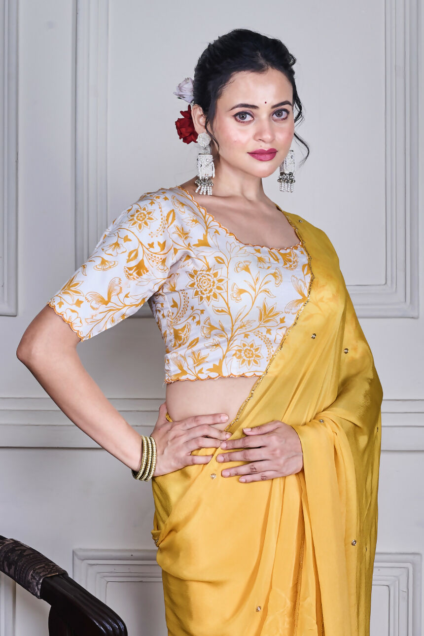 Morchari Yellow Chiffon Hand Embroidery Saree And Stitched Blouse