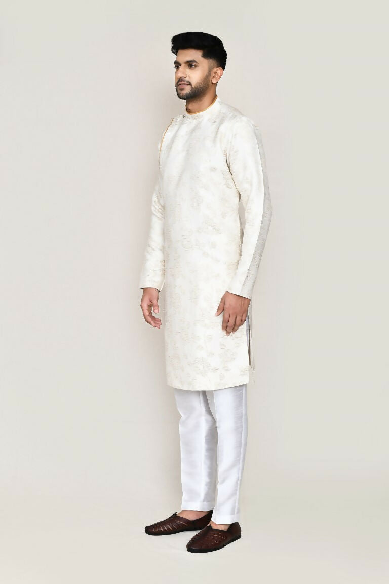 Joban Fashion Cream Colored Jacquard Silk Fabric Kurta With Straight Fit Pant