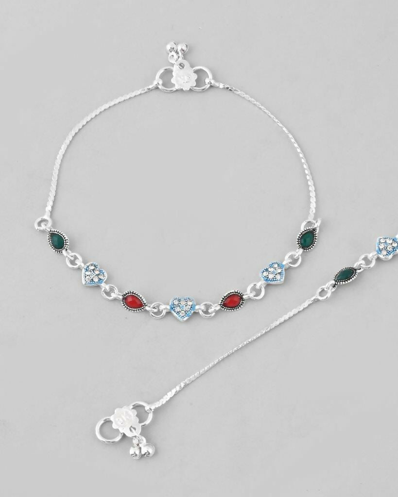 VOJ Set of 2 Silver Plated Heart Shaped Stone Studded Anklet