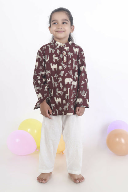 Breathables Kids Cotton Night Suit – Wine Animal Print Kurta & Pyjama Co-Ord Set For Boys & Girls