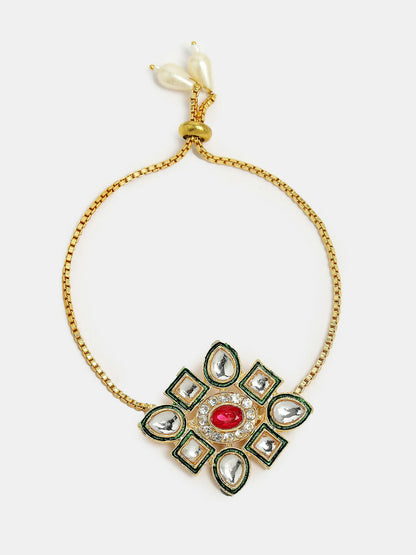 NVR Women & Men Set of 2 Gold Kundan-Studded Handcrafted Wraparound Rakhi Set With Roli Chawal & Chocolate