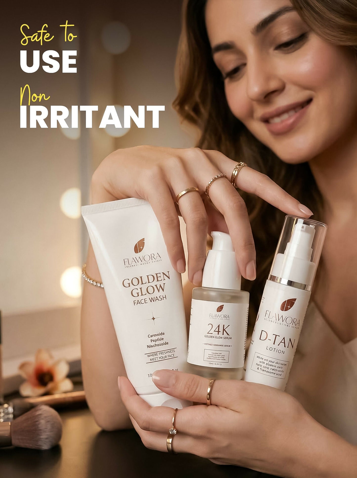 Flawora Set of Golden Glow Face Wash, D-Tan Lotion and 24k Golden Glow Face Serum