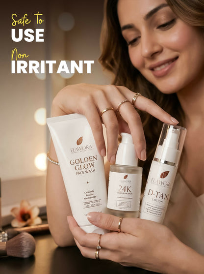 Flawora Set of Golden Glow Face Wash, D-Tan Lotion and 24k Golden Glow Face Serum
