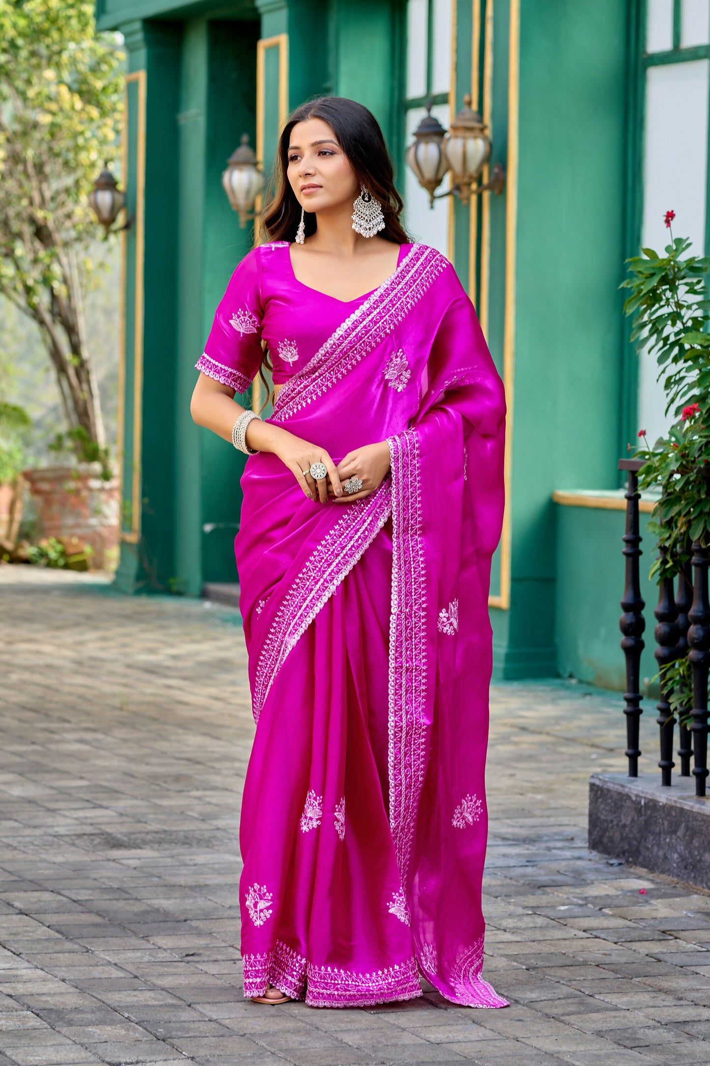 Vastranavya Pink Embroidery Work Shimmer Chiffon Saree with Unstitched Blouse