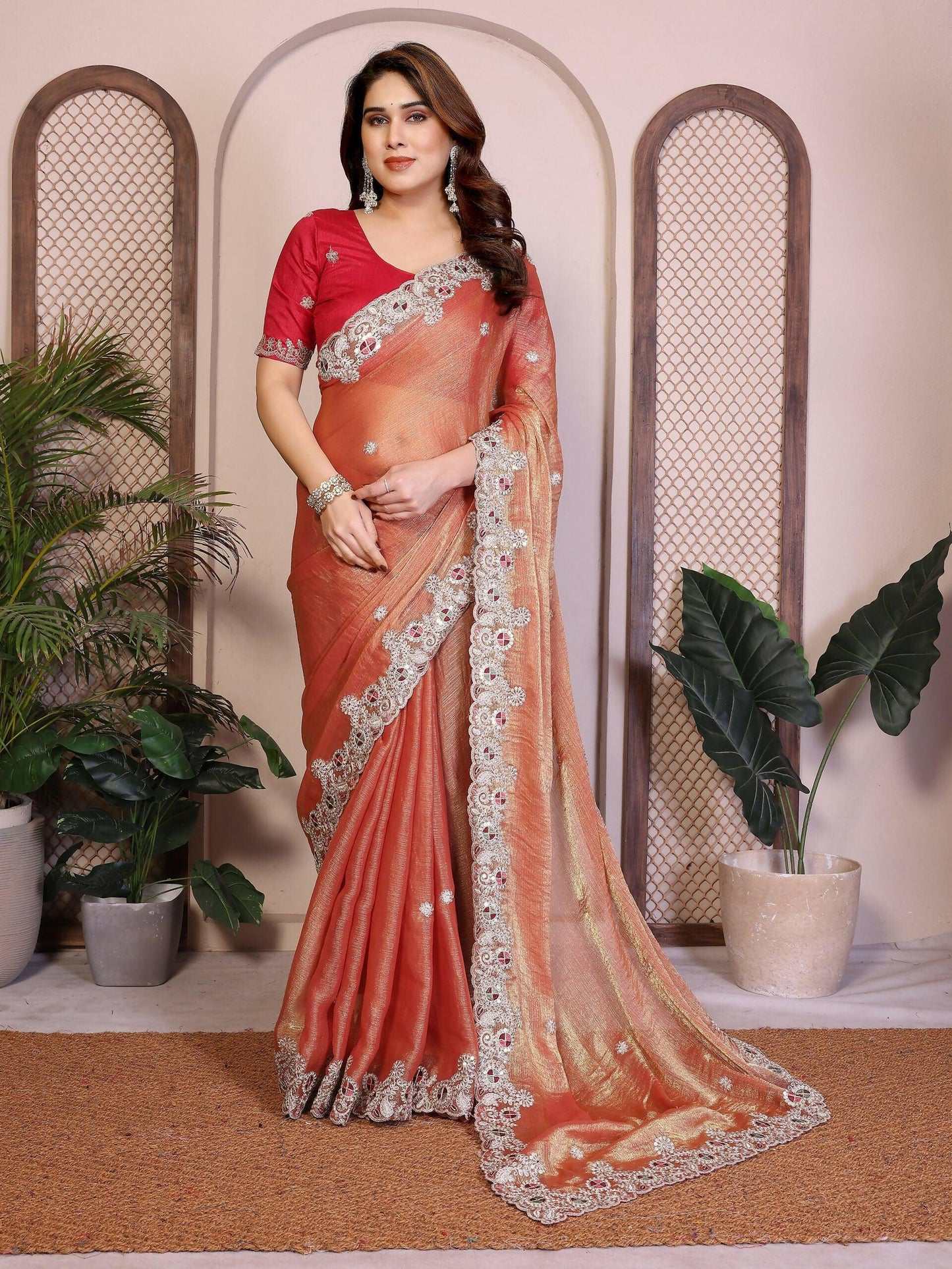 Teeya Creation New Womens Latest Party Wear Soft Chiffon Silk Saree-Peach