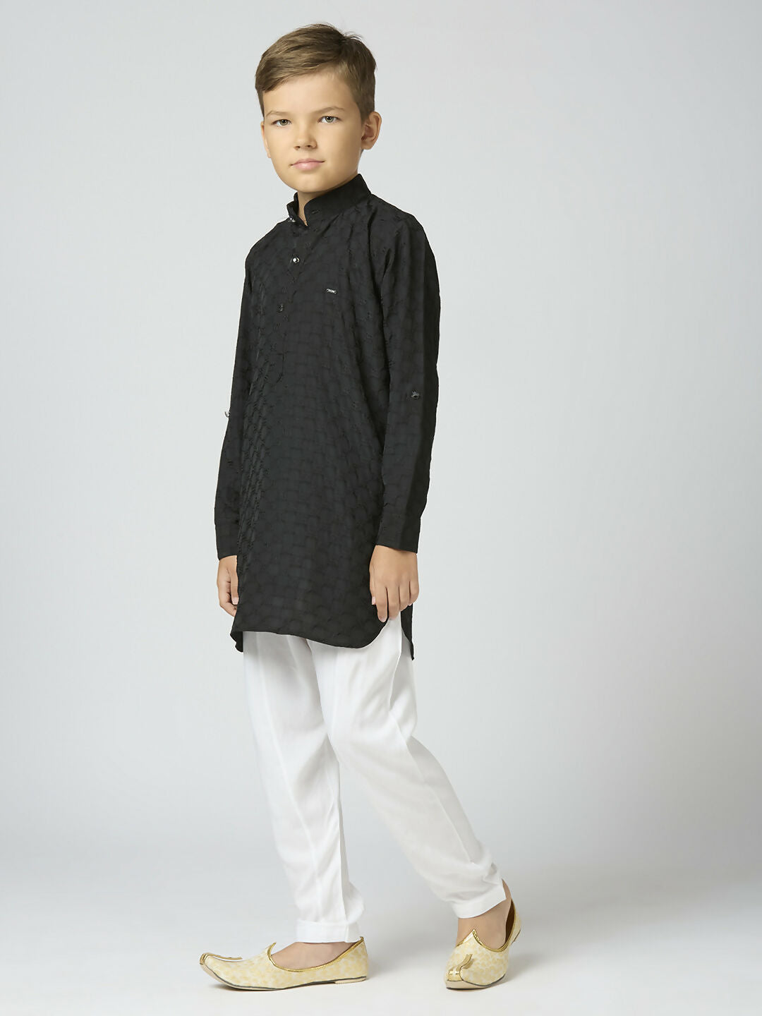 Joban Fashion Kids Island Full Sleeves Texture Cotton Kurta and Pyjama Set - Black