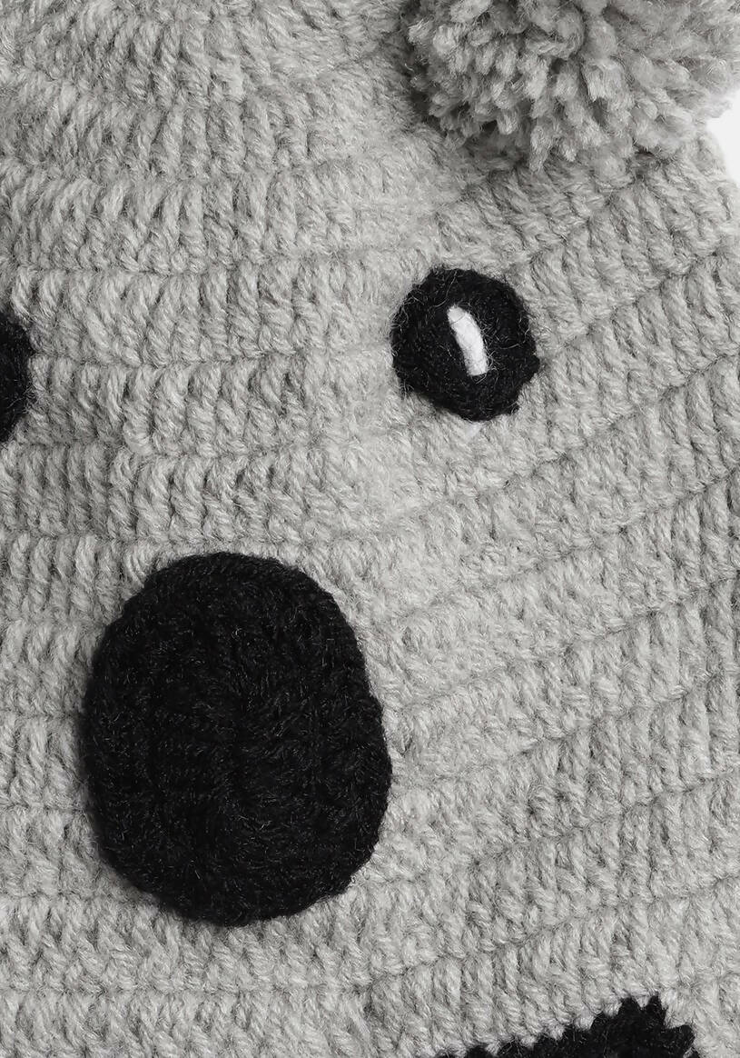 Chutput Kids Woollen Hand Knitted Kuala Bear Detail Cap - Grey