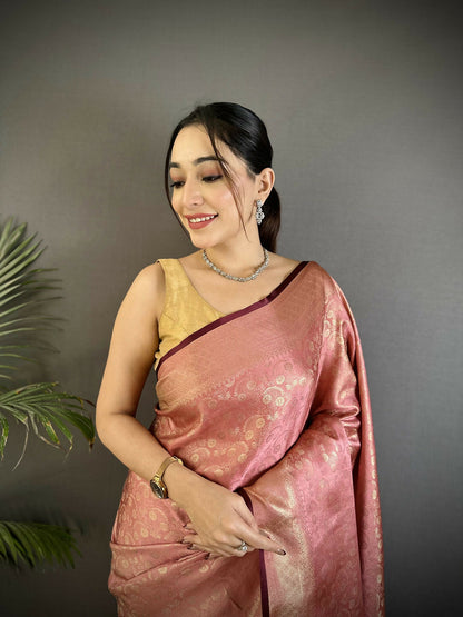 Joban Fashion Dusty Pink  Floral & Paisley Motifs Soft Satin Silk Banarasi Saree