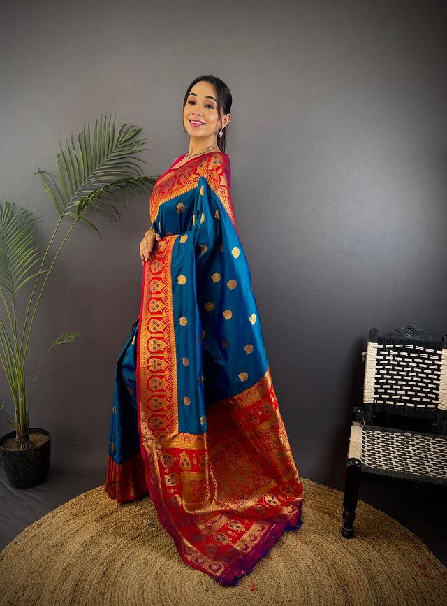 Elora Regal Blue Soft Silk Butti Zari Weaving Contrast Pallu Banarasi Saree