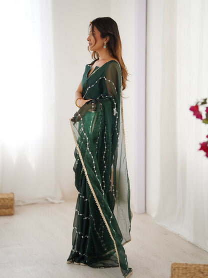 Green Sitara Chiffon Designer Beads Moti,Val Sequence Work Saree - Noorie