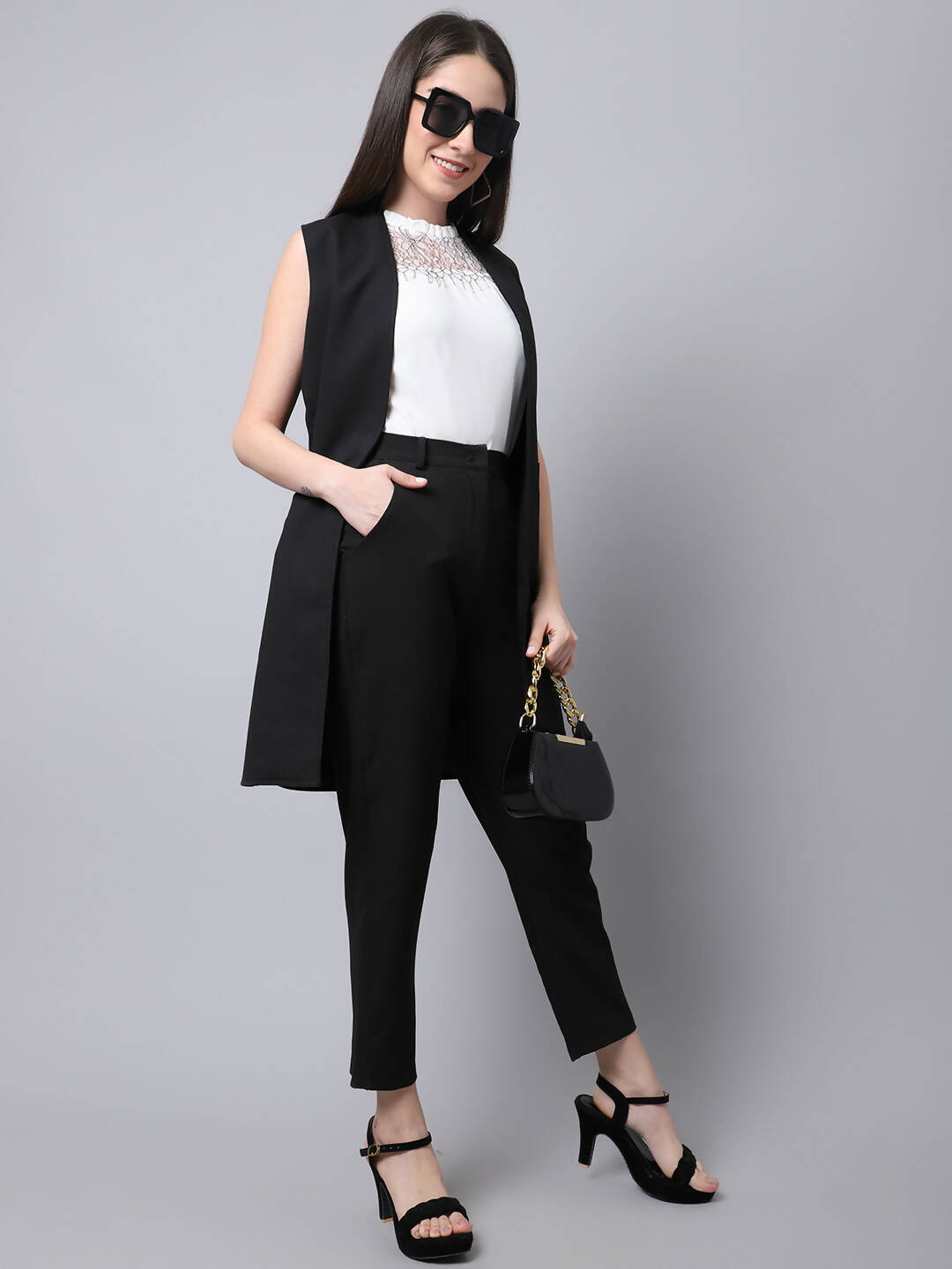Even Apparels Black Polywool Open Front Women's Long Coat PW668
