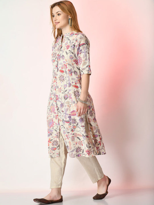Sangria Off White Floral Printed Mandarin Collar Cotton A-Line Kurta
