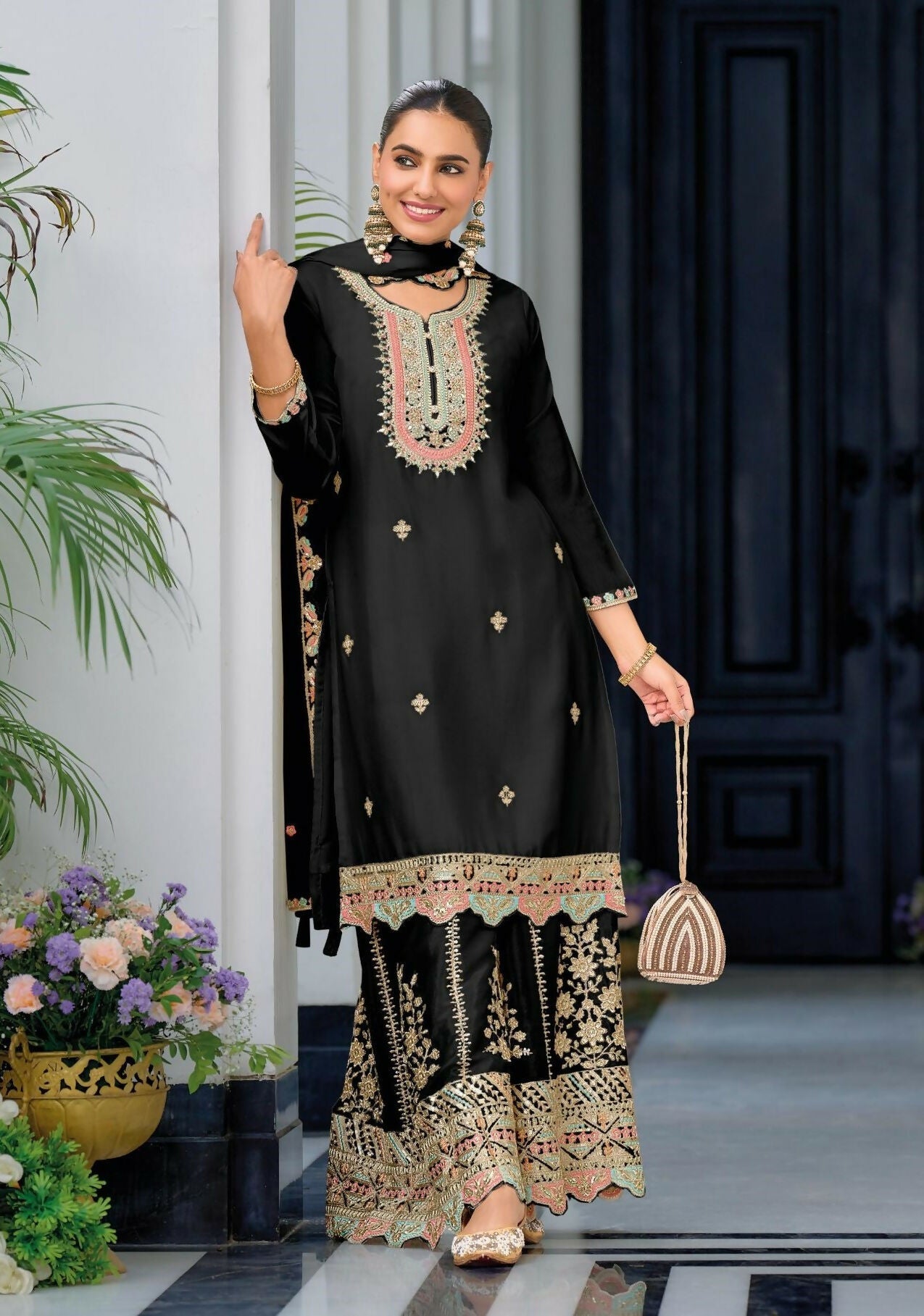 Anaita Black Premium Embroidered Chinon Readymade Salwar Suit (Free Size)