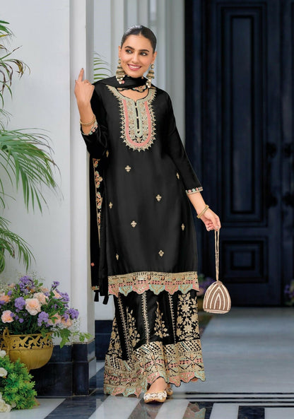 Anaita Black Premium Embroidered Chinon Readymade Salwar Suit (Free Size)