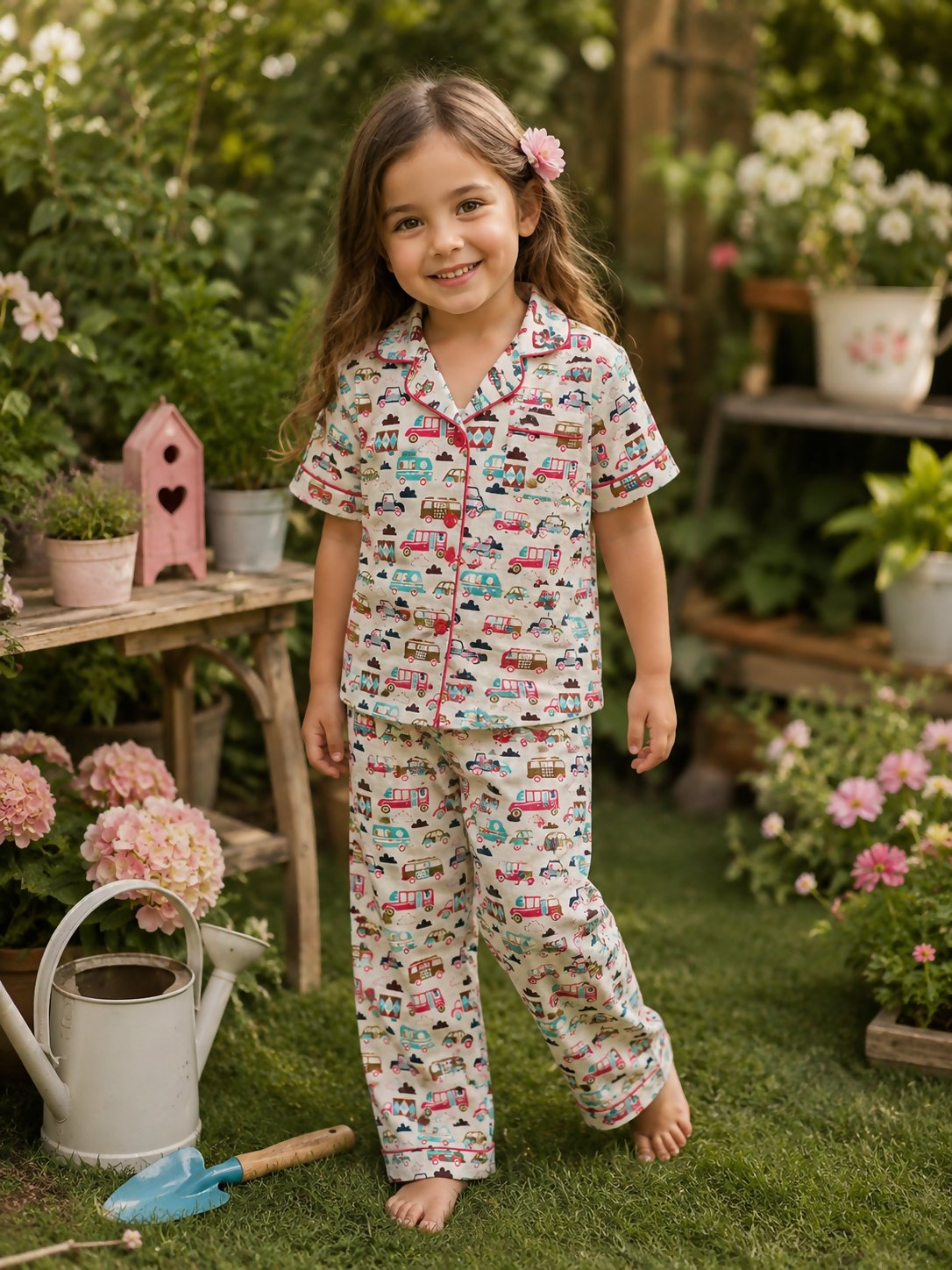 Breathables Woven Cotton Half Sleeves Bus Cars Shirt & Pyjama White