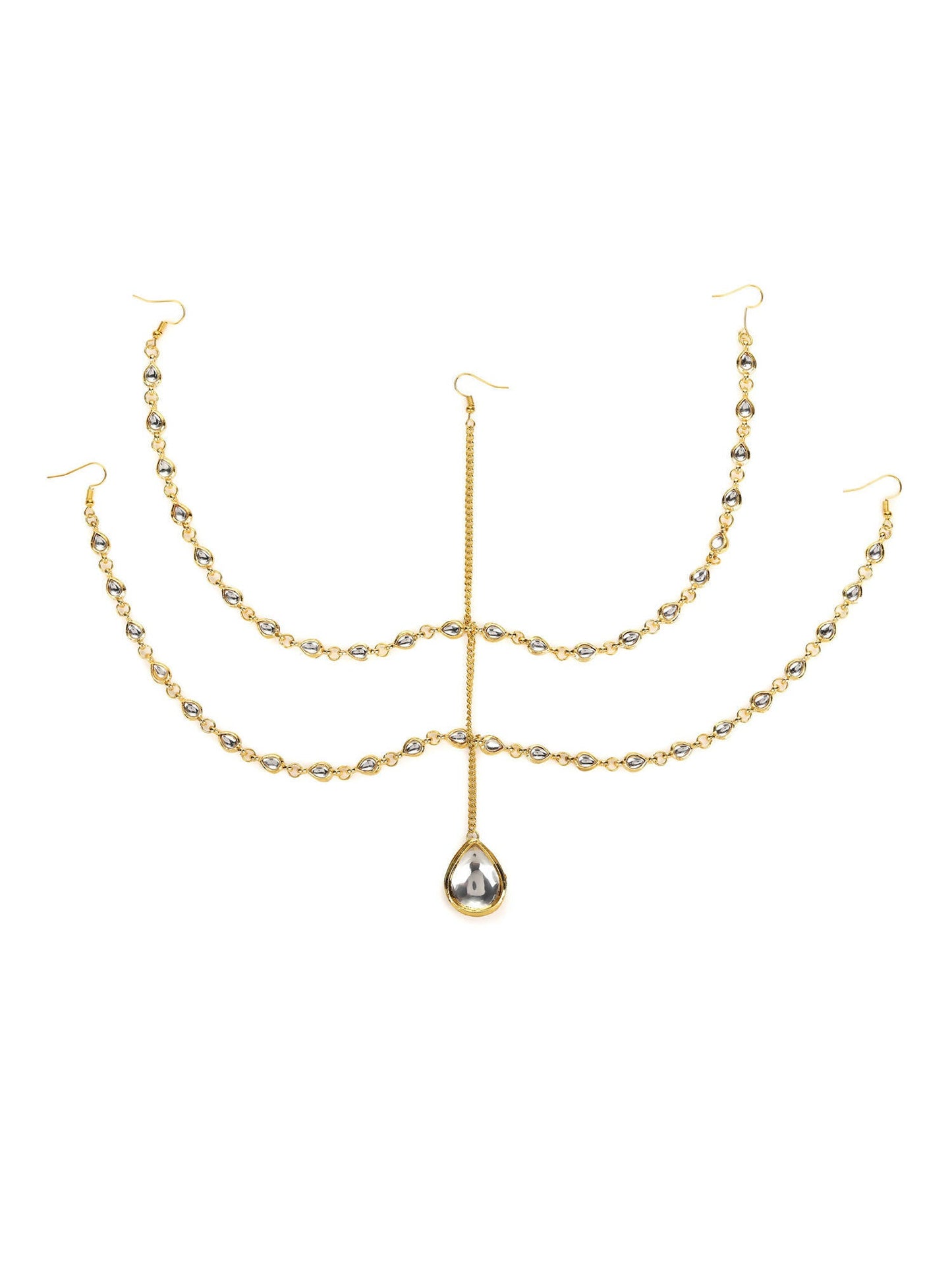 Gold-Polished White Faux Kundan-Studded Faux Pearl Beaded Handcrafted Matha Patti - Ruby Raang