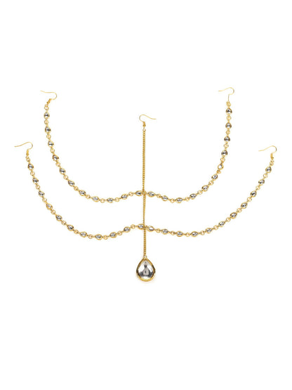 Gold-Polished White Faux Kundan-Studded Faux Pearl Beaded Handcrafted Matha Patti - Ruby Raang