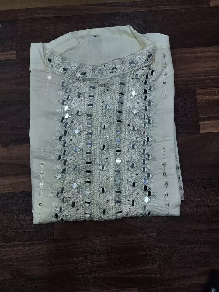 Classic Beautiful Exclusive Stitched 14 Kg Roman Silk Kurta Pajama For Men's