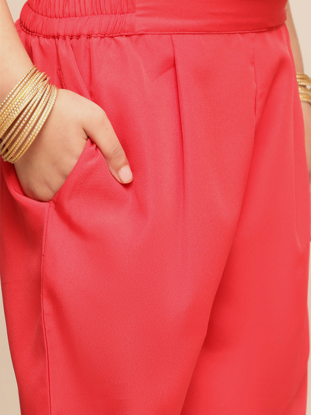 Ahalyaa Girls Red Embellished Ruffled Kurta with Trousers