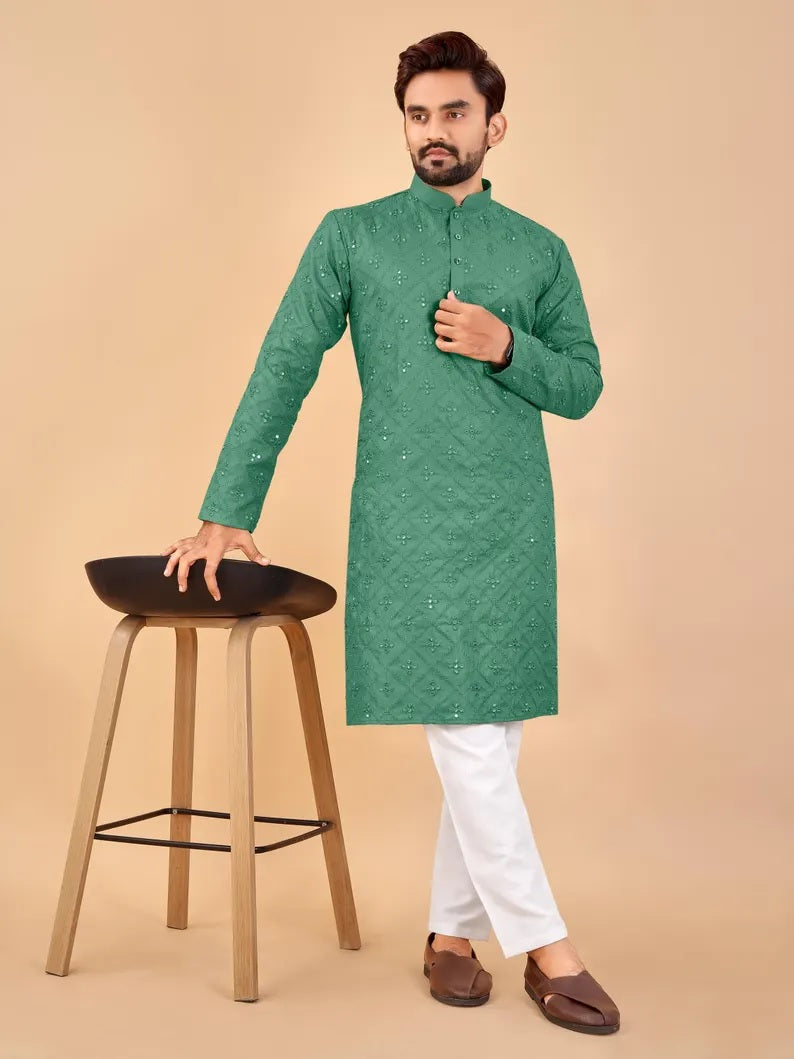 Soft Cotton Embroidery Mirror Work Men's Kurta Pajama Set