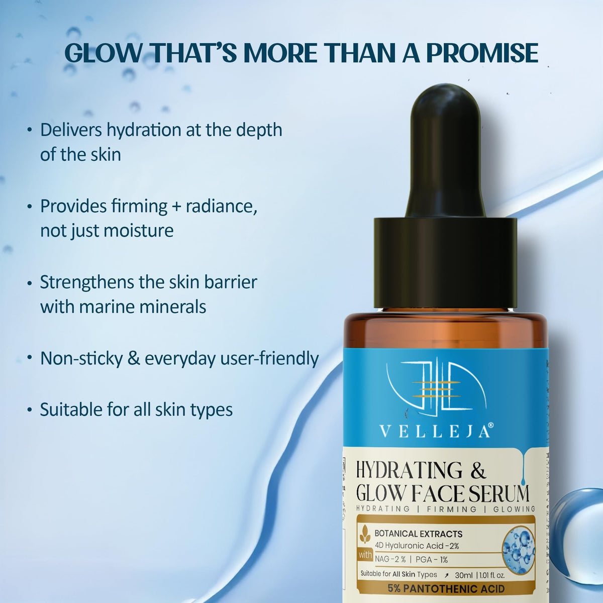 Velleja Hyaluronic Acid Hydrating & Glow Face Serum|48-Hour Moisture Lock|Plumping, Firming & Lightweight Serum for Extra Dry Skin
