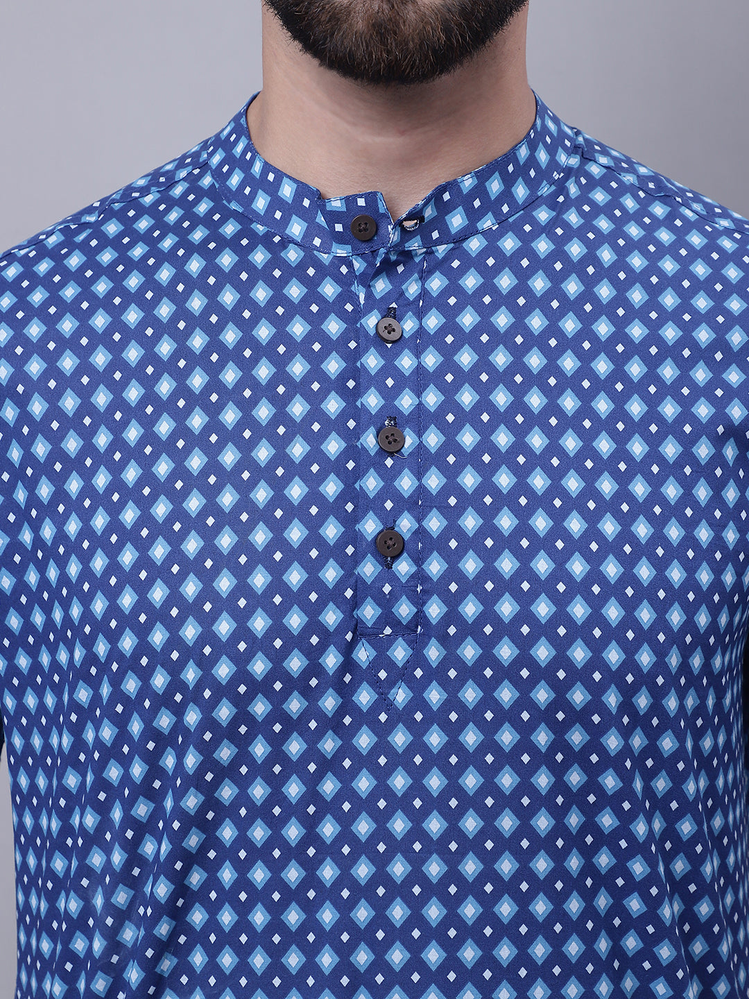 Even Apparels Blue Pure Cotton Short Kurta With Band Collar