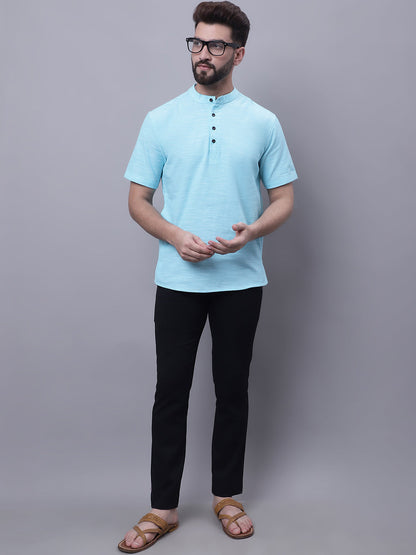 Even Apparels Blue Pure Cotton Short Kurta With Band Collar