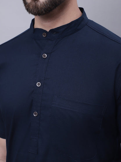 Even Apparels Blue Pure Cotton Short Sleeves Kurta With Band Collar