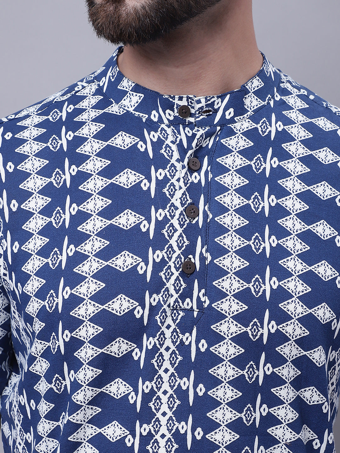 Even Apparels Blue Pure Cotton Short Kurta With Band Collar