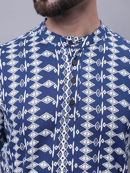 Even Apparels Blue Pure Cotton Short Kurta With Band Collar