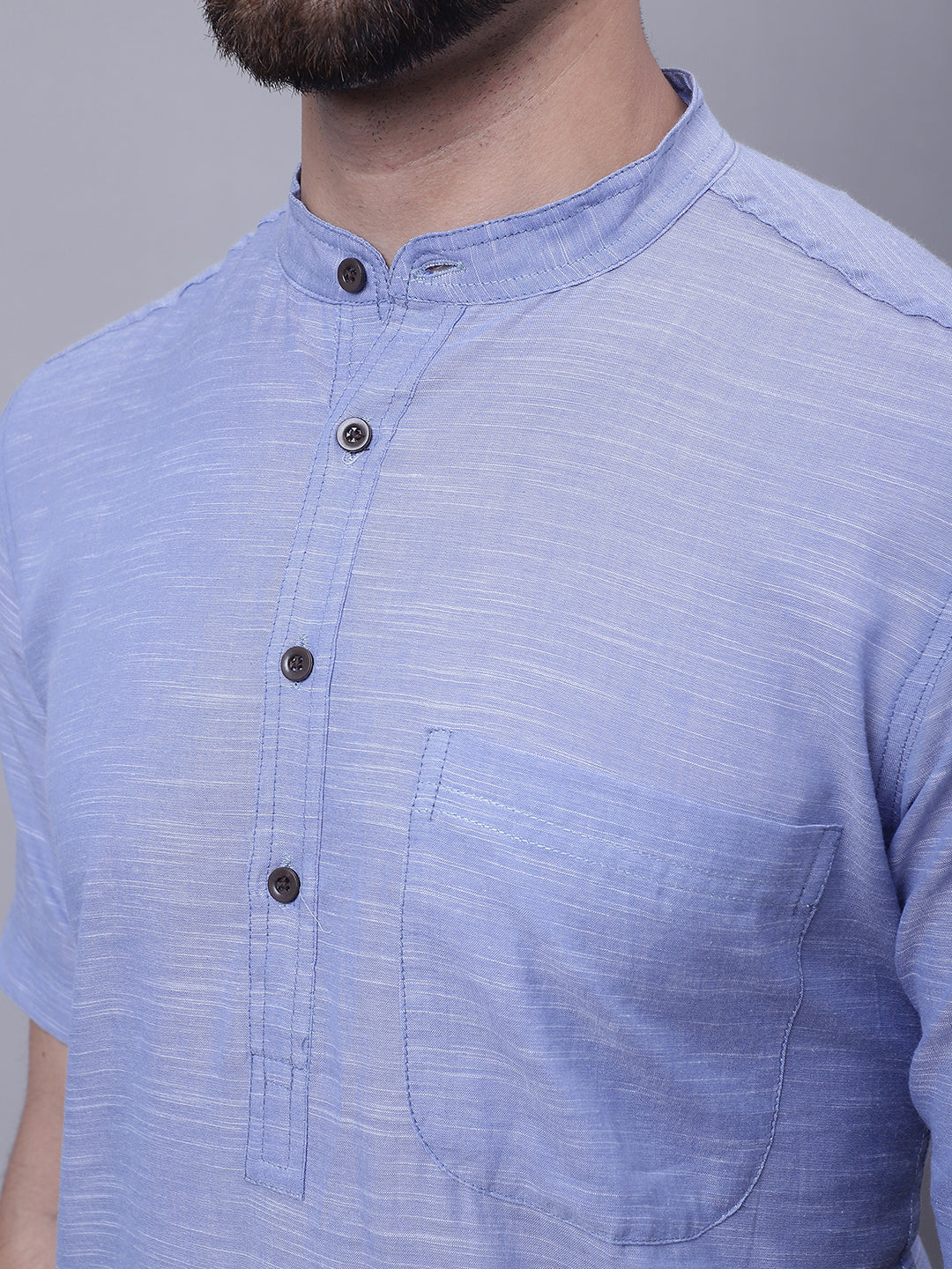Even Apparels Blue Pure Cotton Short Sleeves Kurta With Band Collar