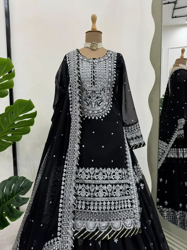 Faux Georgette Sequence Work With Front Side Work Top Sharara With Dupatta