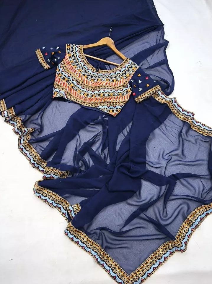 Soft Georgette With Embroidery Lace Border Ready To Wear Sari With Blouse