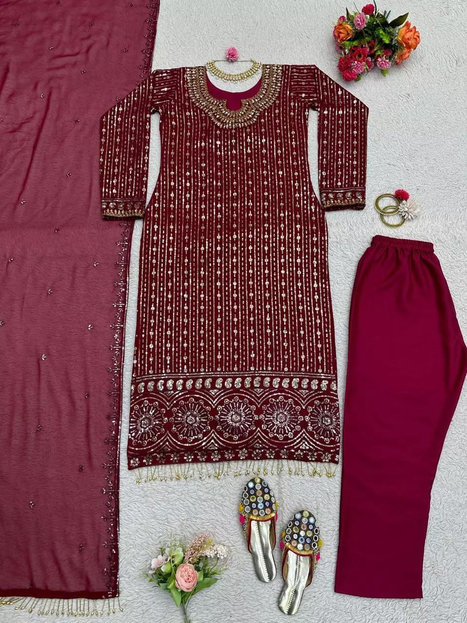 Georgette Function Style Top Pant With Dupatta Set