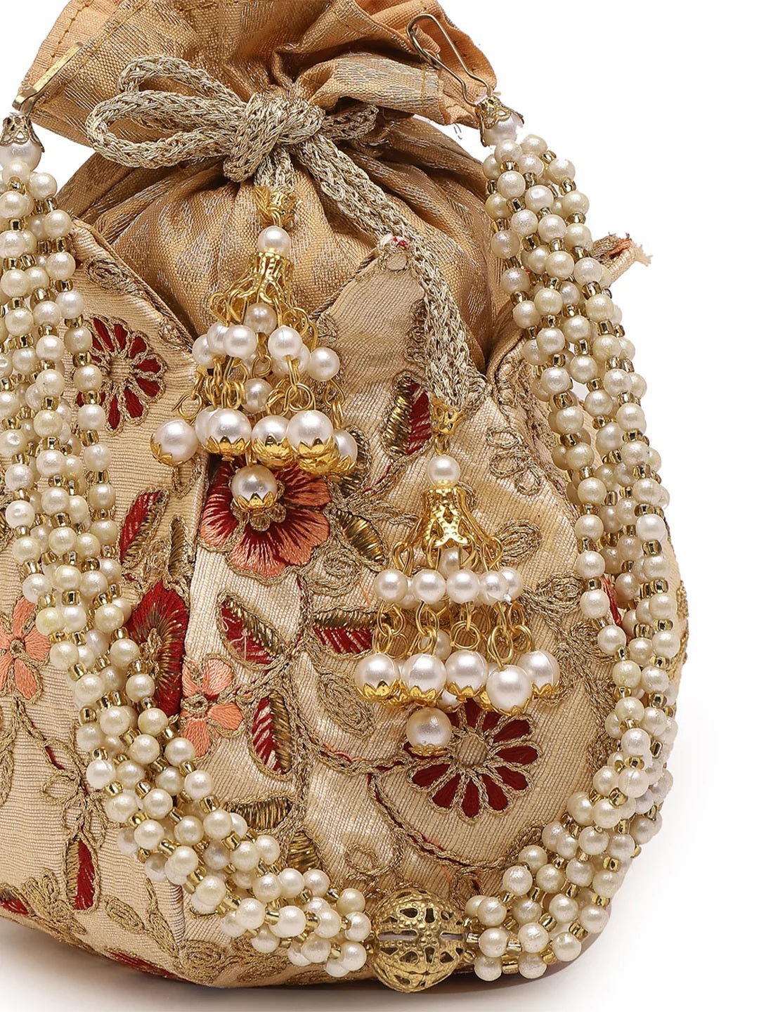 Lotus Floral Embellished Faux Silk Potli Bag