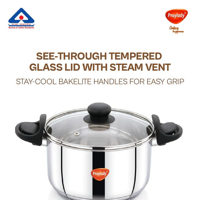 PrayLady Strainer Pro Max 4.2L 304 Grade SS Multi-Purpose Pot with Glass Lid Triply Bottom Idli Cooker 4 Plates Induction Gas