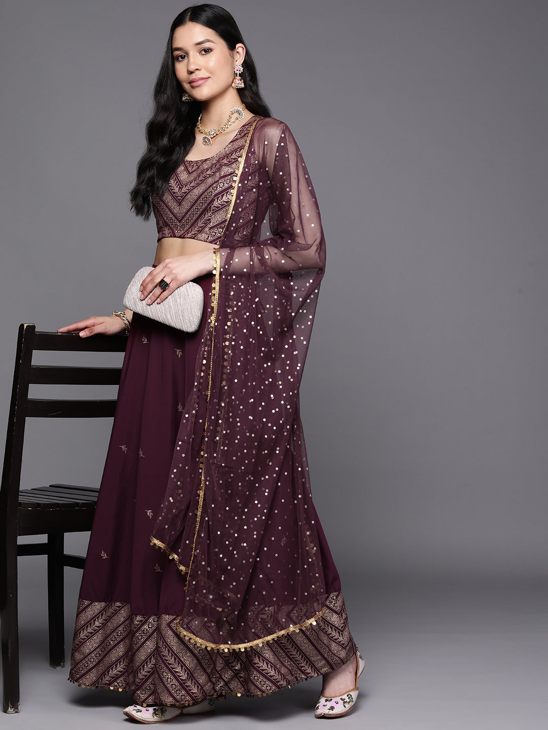 Ahalyaa Purple & Gold Toned Printed Sequinned Foil Print Ready to Wear Lehenga & Blouse With Dupatta
