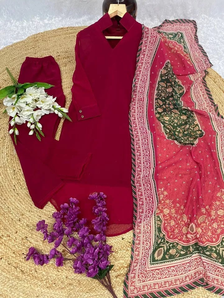 Faux Georgette Kurti Pant Duppata Set For Women's
