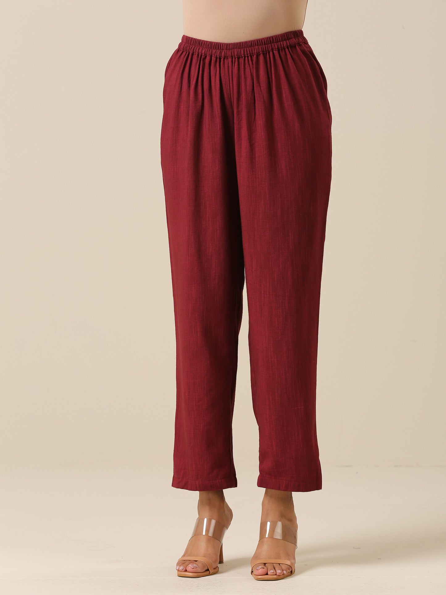 trueBrowns Ruby Wine Slub Texture High Low Kaftan Pant Set | Relove