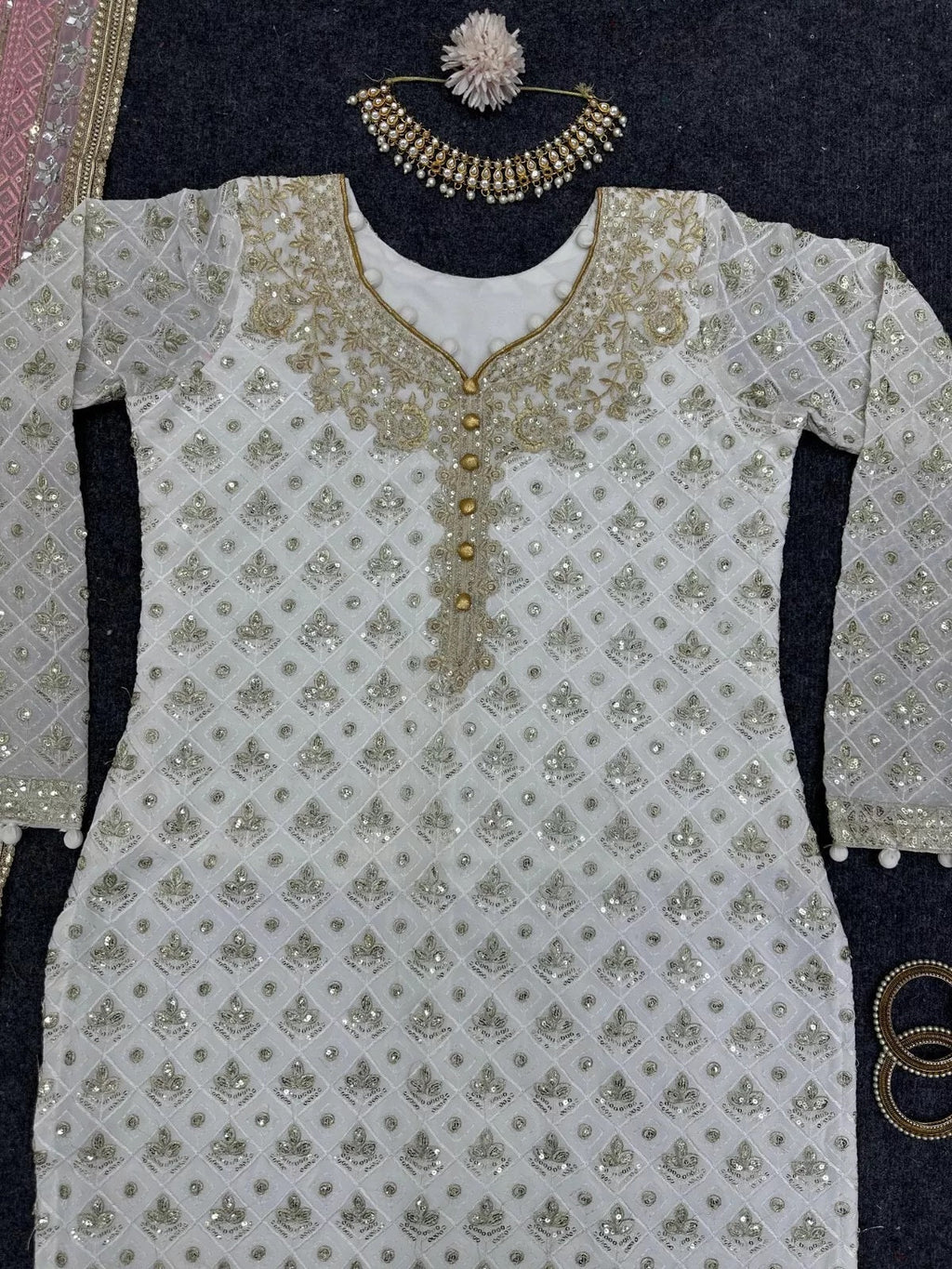 Faux Georgette Traditional Style Top Pant & Dupatta Set