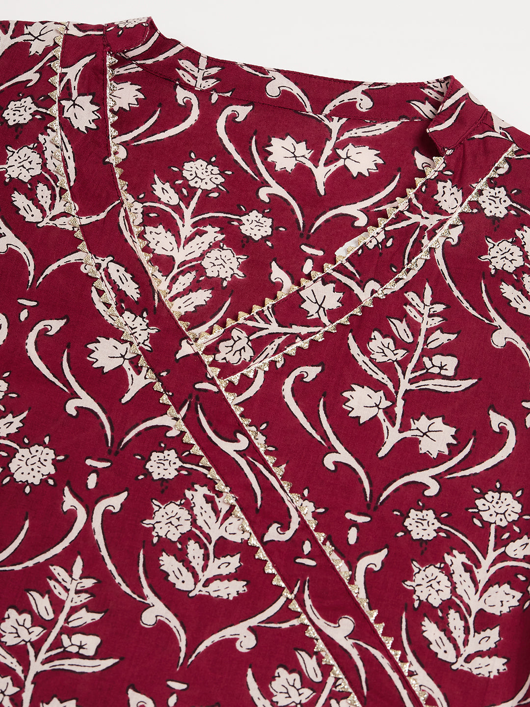 InWeave Women's Wine Floral Print Straight Angrakha Gota Kurta