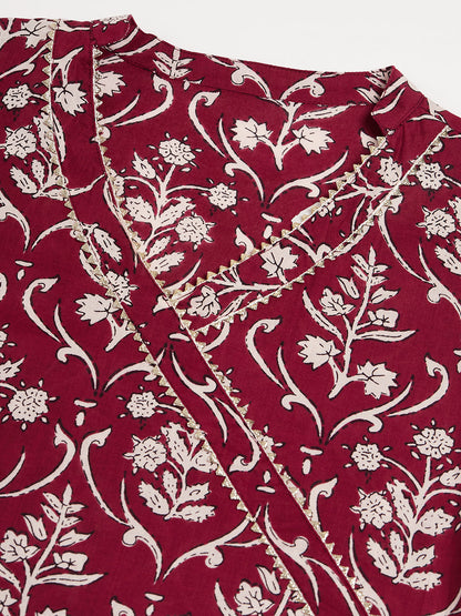 InWeave Women's Wine Floral Print Straight Angrakha Gota Kurta