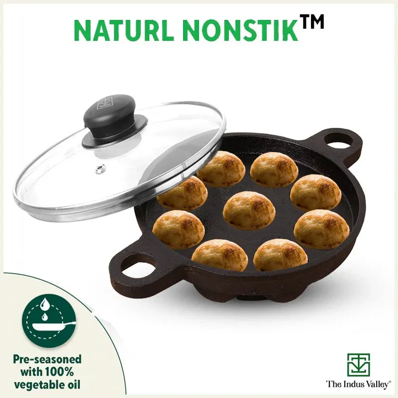The Indus Valley Cast Iron Paniyaram Pan Pre-Seasoned 9 Pit + Glass Lid 21 cm