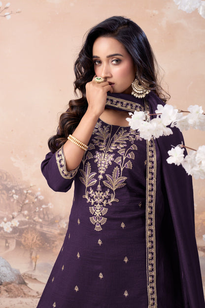 Anaita Purple Vichitra Silk Readymade Suit with Coding Work