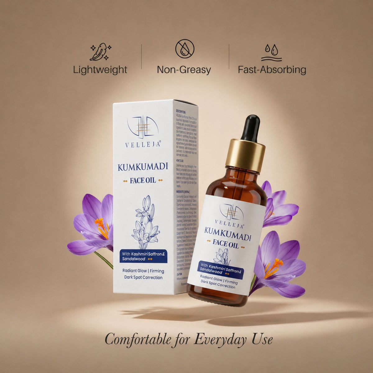 Velleja Kumkumadi Face Oil with Kashmiri Saffron & Sandalwood | Ayurvedic Anti Aging Face Serum for Brightening, Dark Spots & Pigmentation