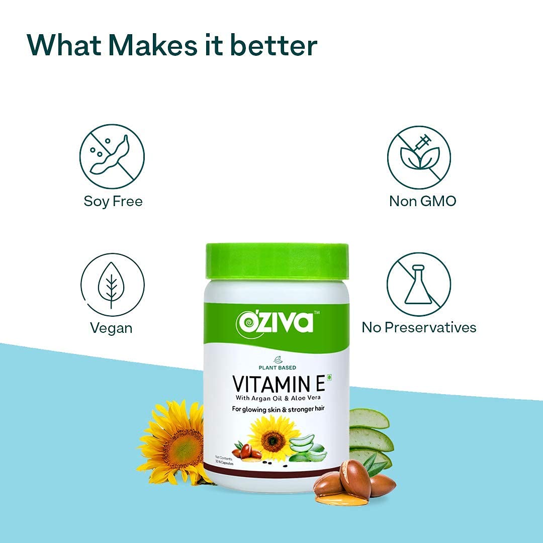 OZiva Plant Based Natural Vitamin E (With Argan oil + Aloe vera) - 30 Veg Capsules