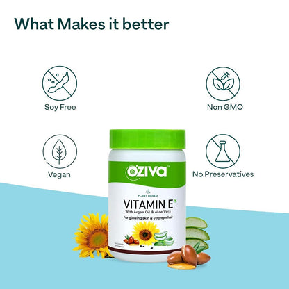 OZiva Plant Based Natural Vitamin E (With Argan oil + Aloe vera) - 30 Veg Capsules